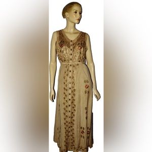 L'POGEE FREE SIZE M L XL BEIGE EMBROIDERED BUTTON MAXI HIPPIE BOHO DRESS